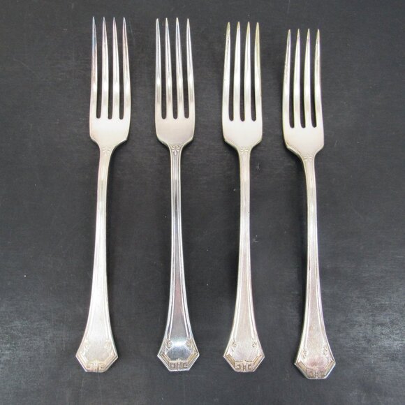 Barton & Reed Pompeian Greek Key & Scrollwork Design Dinner Fork Set of 4 Vntg - Picture 1 of 12